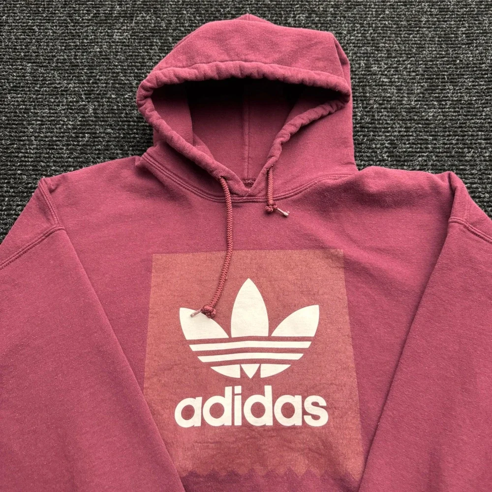 Adidas Originals Trefoil Box Logo Hoodie Mens 2XL Maroon Burgundy Pullover